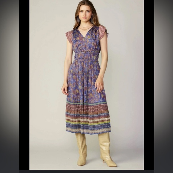 Current Air Pleated Floral Midi Dress Purple Combo Sz M - Picture 1 of 7